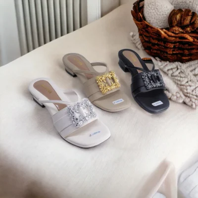 Ladova ZAKIYA Sandal Heels Wanita - Sandal Slop Hak Sedang 3 cm Kombinasi Aksesoris